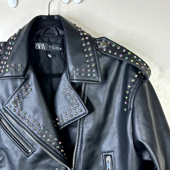 ZARA NWOT Black Faux Leather Rainbow Studded Rhinestone Biker Moto Jacket Medium - Picture 11 of 15